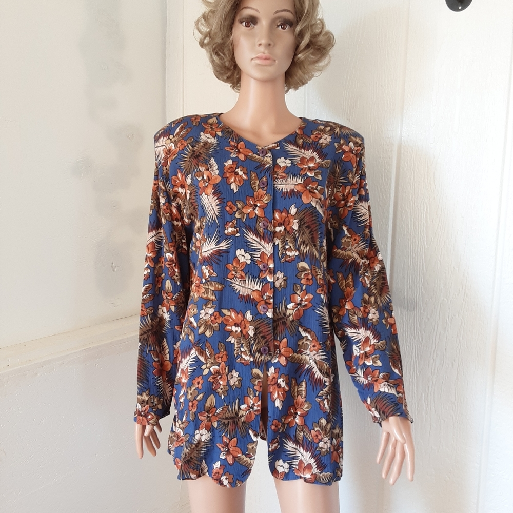 Krush 🌞056 Women's Hawaiian Blouse Tunic Sz L Preowned Long Sleeve Round Neck